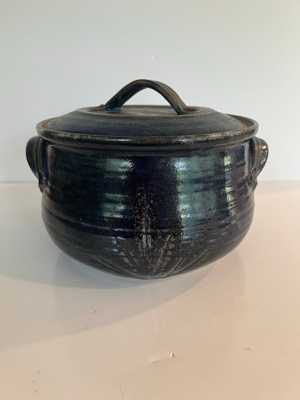 Rare Vintage Richard Sanderson Toad Hill Pottery NH Casserole Pot w Lid Blue JL